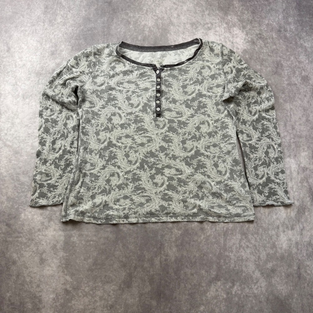 Womens Grey Waffle Knit Thermal Henley Long Sleeve Paisley Print Top